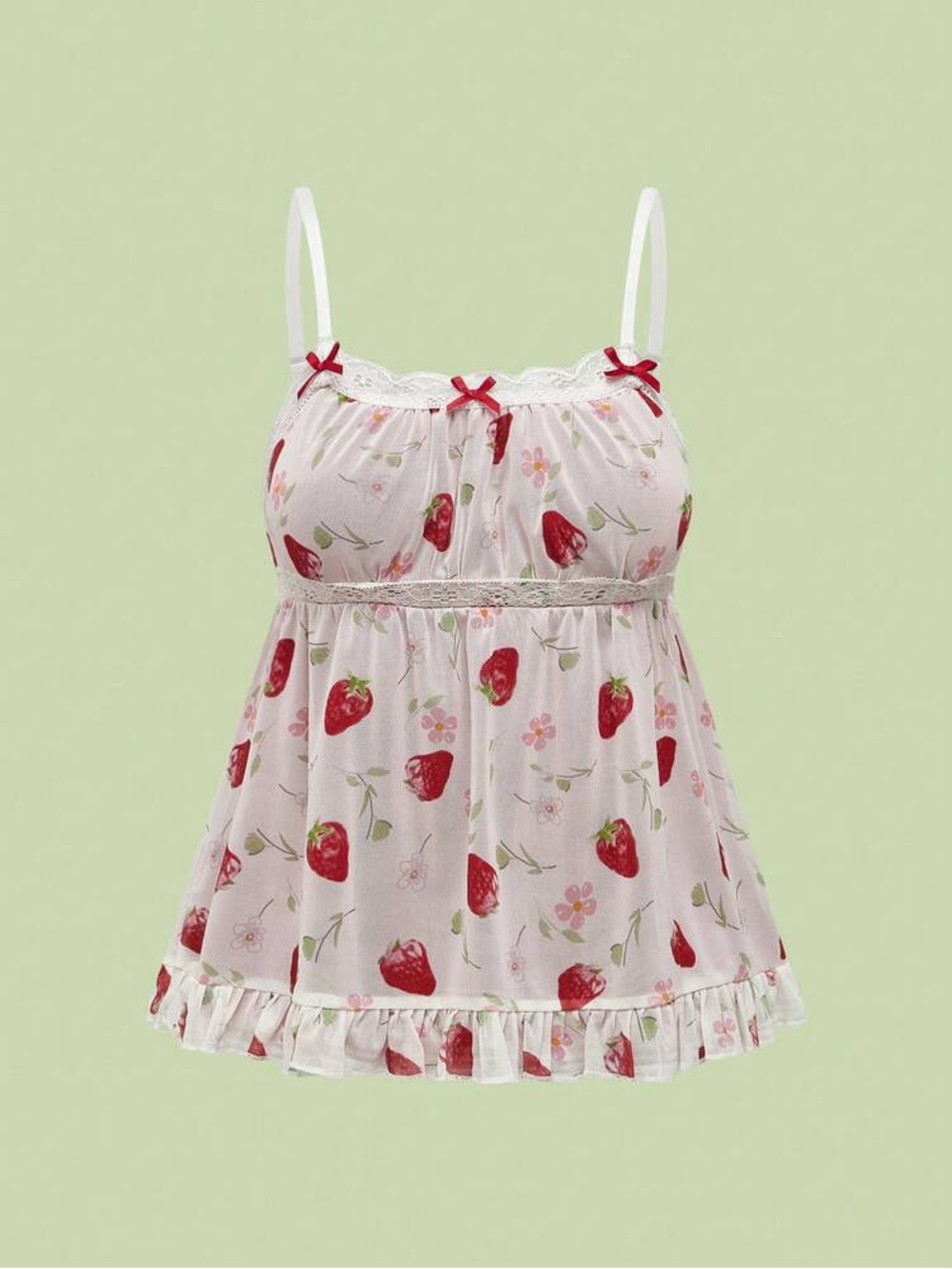 XL Large Strawberries Cami Top Blouse spaghetti Straps Sheep Mesh Red White